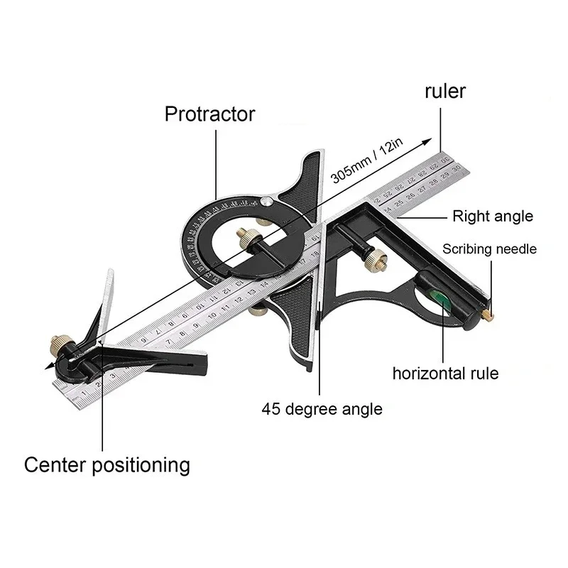 Woodworking 3 In 1 300mm Adjustable Measuring Ruler Multi Combination Square Angle Finder Protractor Tools