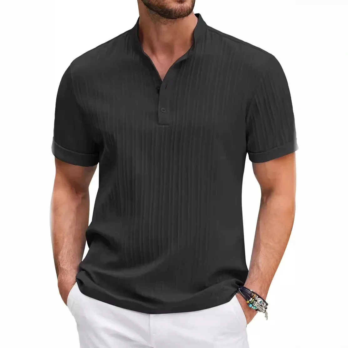 Chemise Henry à rayures en coton et lin brodées pour hommes, haut haut de t-shirt respirant confortable, haut haut décontracté, mode d\'été haut de