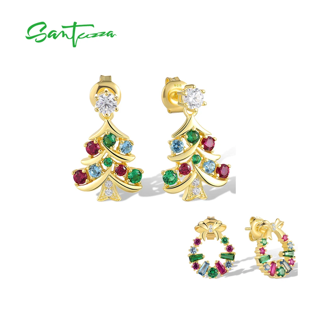 

SANTUZZA серьги из стерлингового серебра 925 пробы для женщин, сверкающая рождественская елка и венок, зеленые, красные драгоценные камни, забавные праздничные подарки, ювелирные украшения