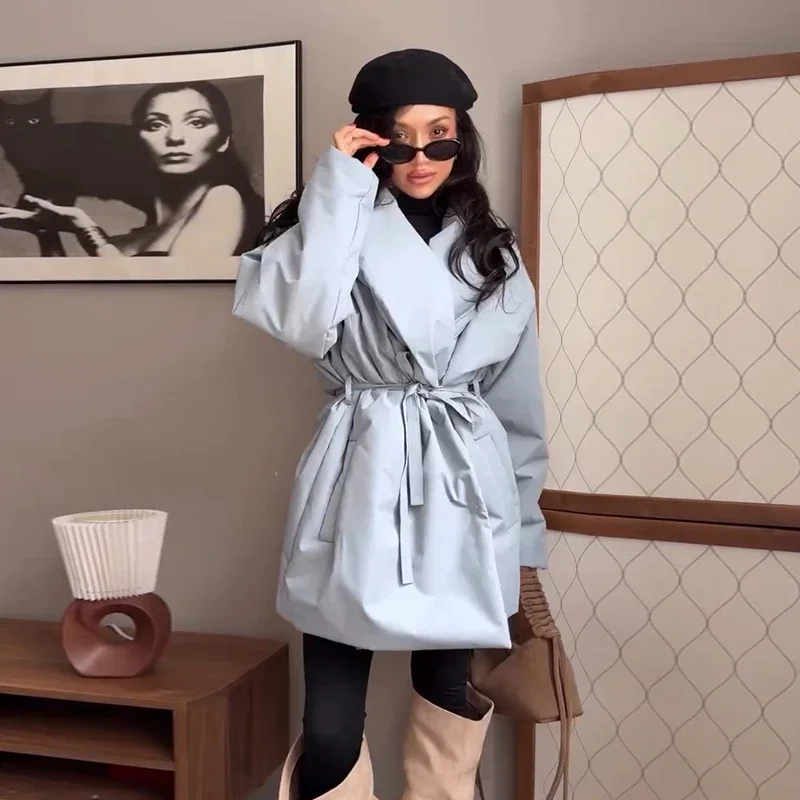 Casual Solid Loose Thicken Coat Women Lapel Full Sleeve Lace Up Single Breasted Female Coats Female 2026 Winter Lady Jacket