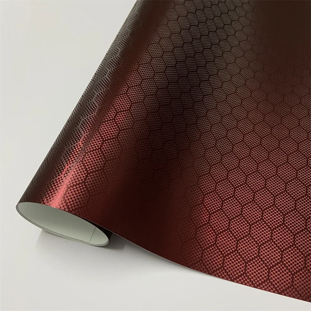 Romanee Red Hexagon Diamond Carbon Fiber Vinyl Car Wrap Film Stickers Air Release For Vehicle Motorcycle Wrapping Styling