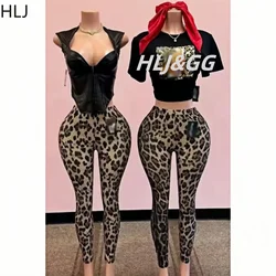 HLJ&GG Fashion Y2K Graphic Print Tshirts Two Piece Sets Women Round Neck Short Sleeve Loose Top+Leopard Pants Outfit Streetwear