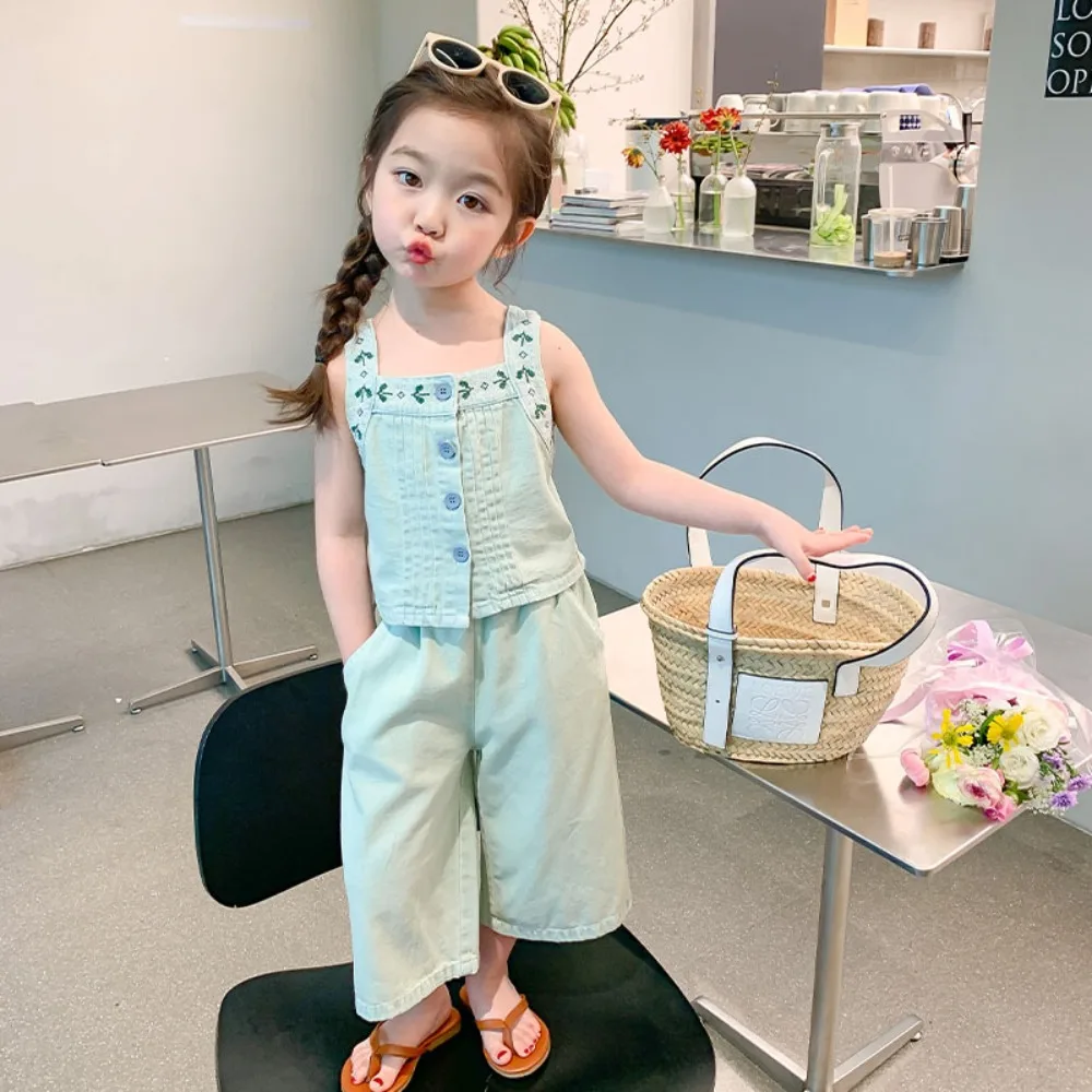 

Girls Suit 2024 Summer New Korean Style Fashion Solid Color Print Sleeveless Tank Top Two Piece Set Summer Children Suits