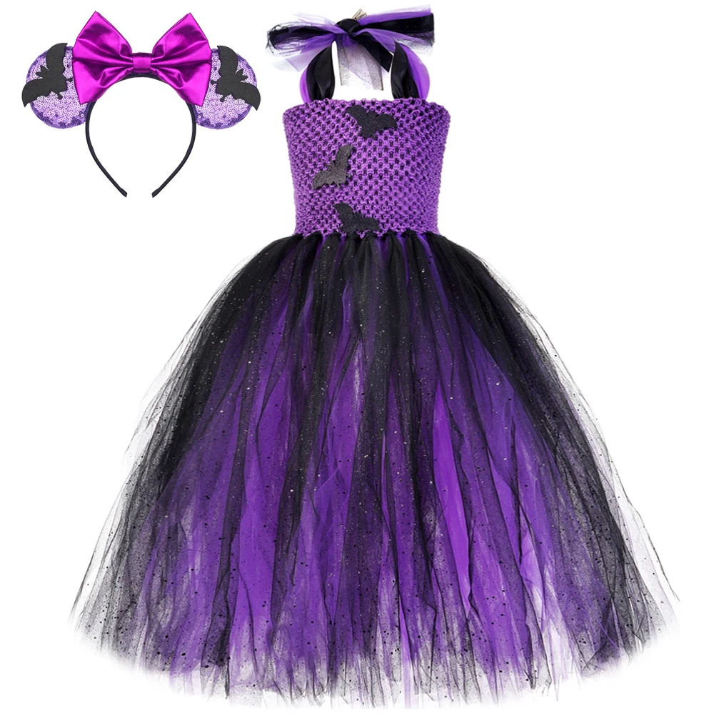 Twinkle Spider Bat Halloween Costumes for Girls Sparkly Purple Black Witch Long Fancy Dresses for Kids Cosplay Outfit Ball Gown