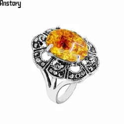 Oval Simulated Ambers Rings For Women Antique Silver Plated Rhinestone Plum Flower Resin Vintage Jewelry TR707
