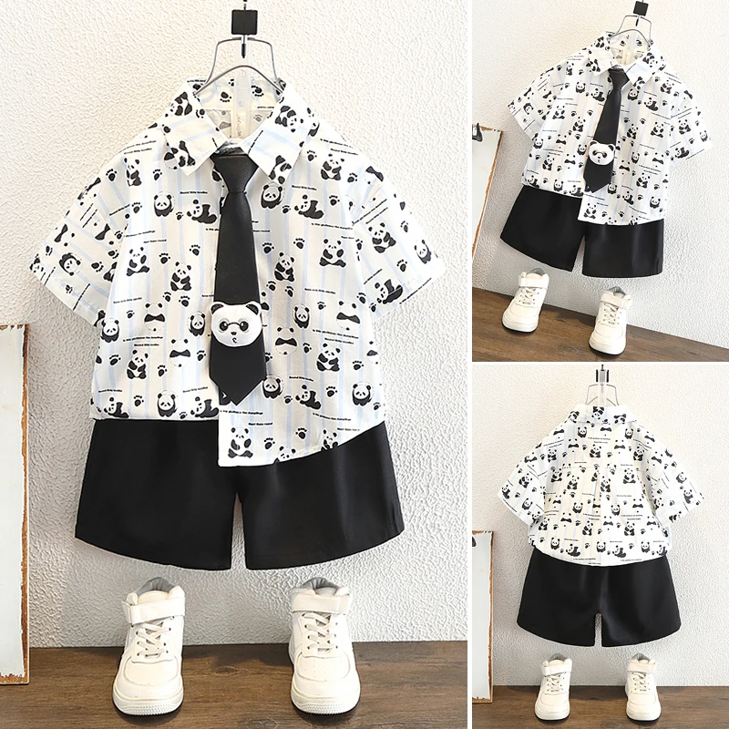 漫画半袖シャツセット-男の子用-ベビーパンダネクタイ付き3点セット-夏用カジュアルスポーツウェア-子供服