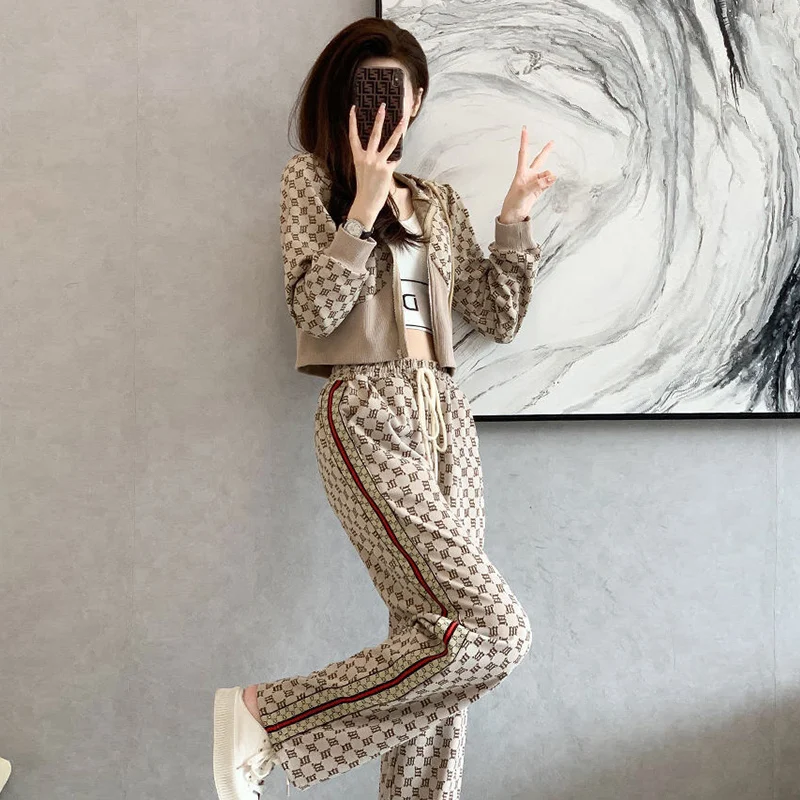 Spring Autumn Casual Fashion Diamond Print Zipper Hoodies Wide Leg Set Female Comfortable Cardigan Sweatshirt Sporty Suit Women