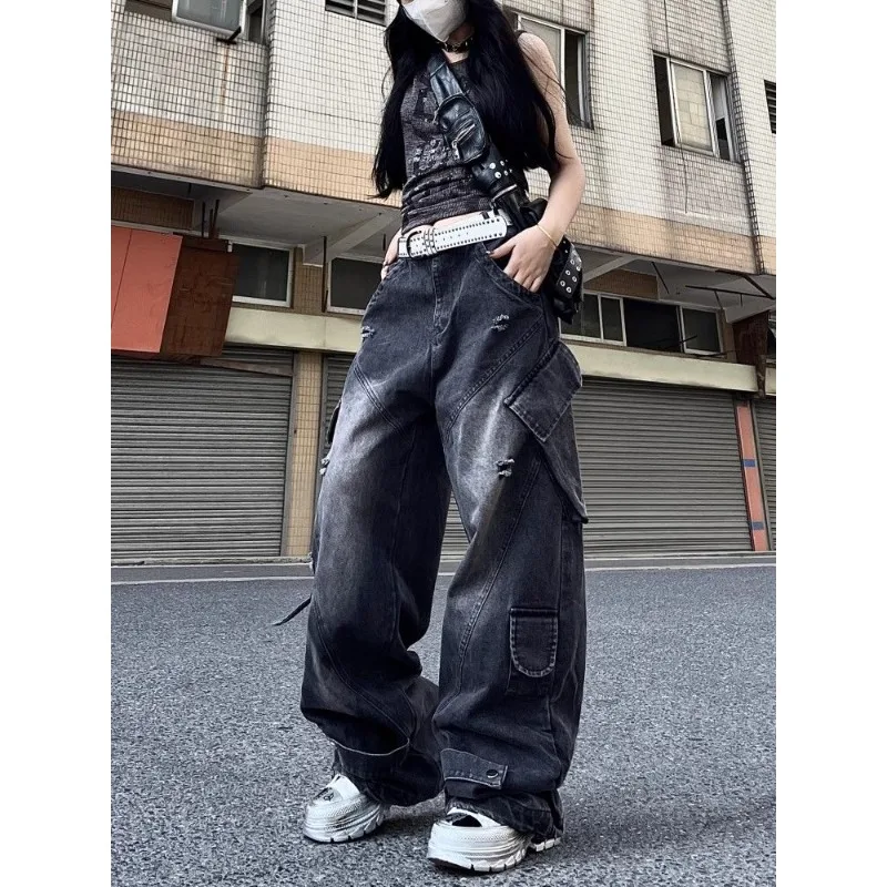 

Deeptown Y2k Vintage Black Women Cargo Jeans Harajuku Pocket High Waist Wide Leg American Fashion Denim Pants Baggy Streetwear