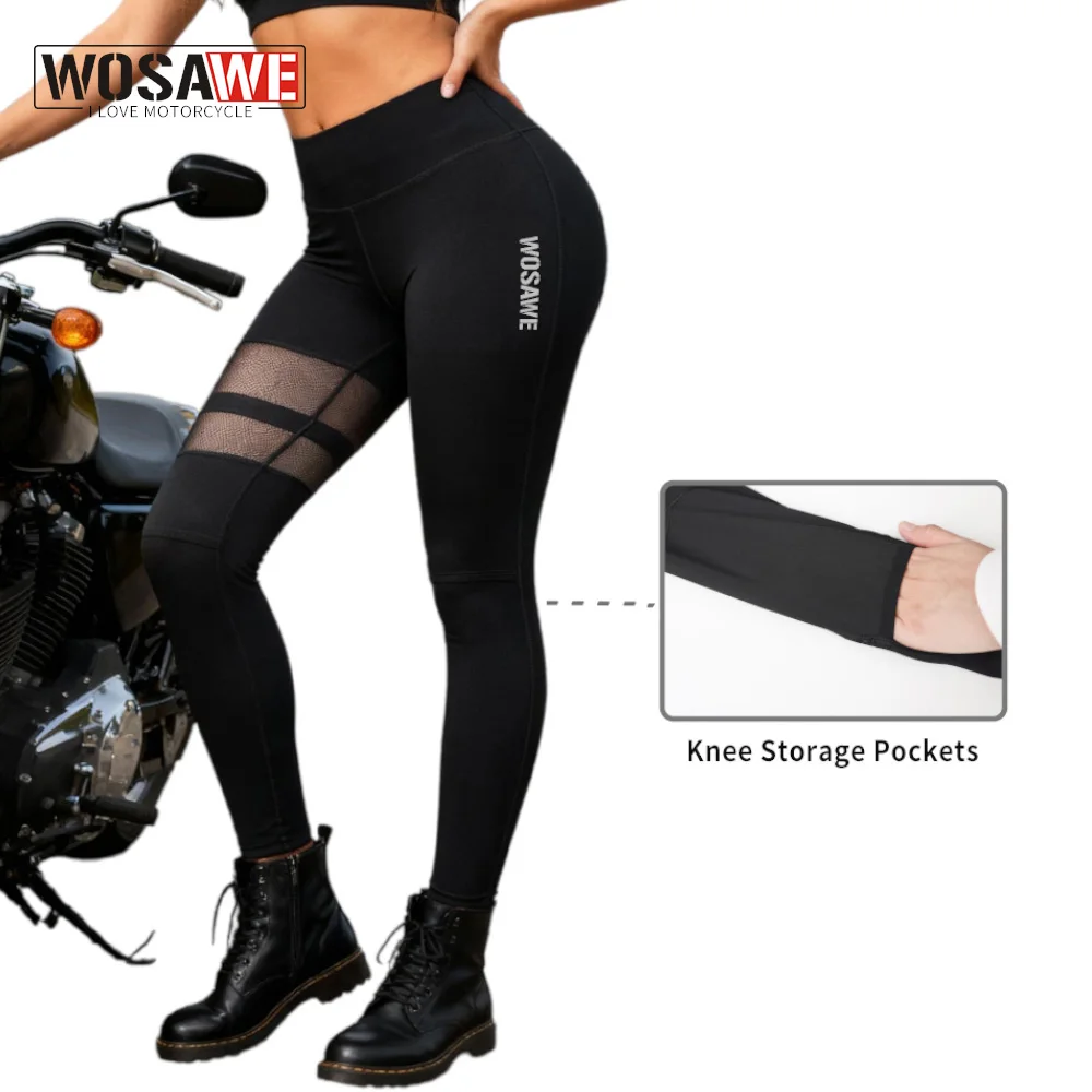 

WOSAWE Summer Women Motorcycle Pants Mesh Panel Design Trousers Patchwork High Waist Leggings Fitness Gym Yoga Sportswear