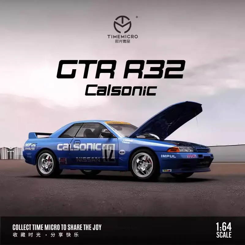 Time Micro 1:64 GTR R32 Calsonic Blue Painting Opend Hood Model Sports Car Toy For Collection Display