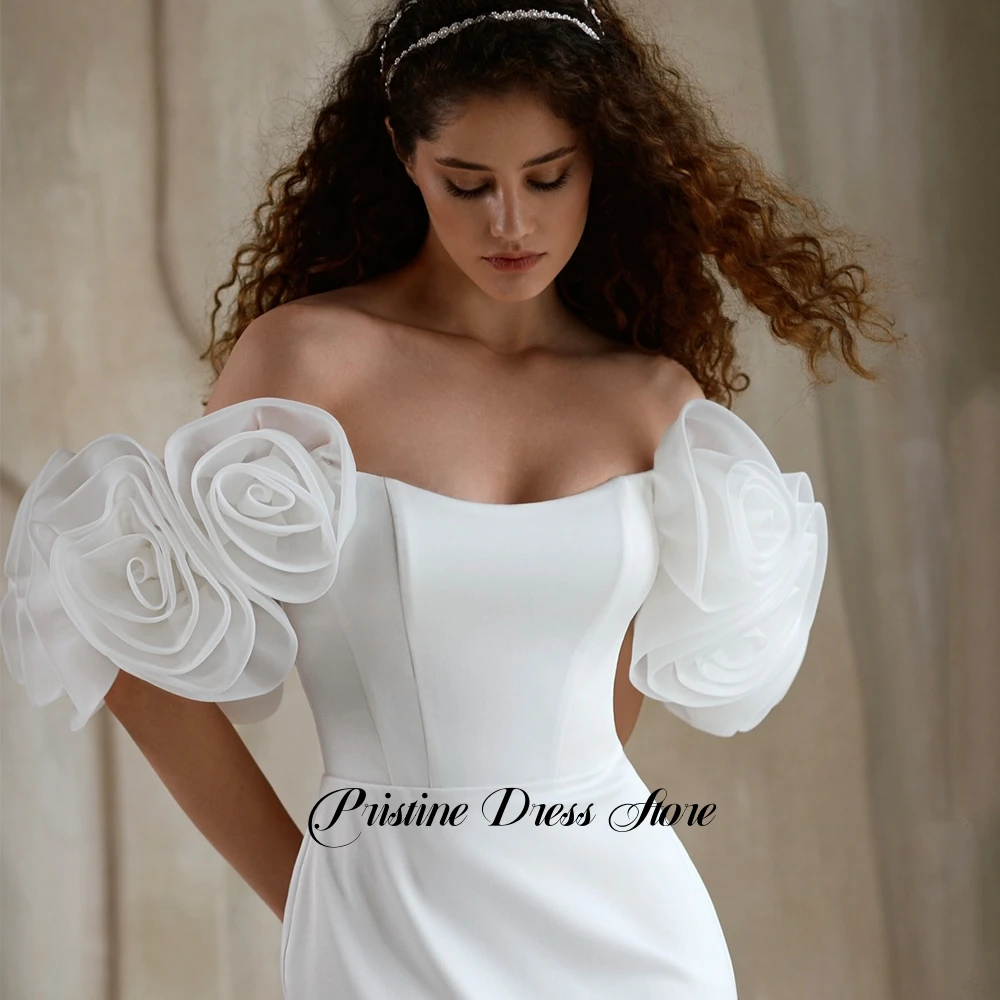 فستان زفاف رومانسي حورية البحر بدون حمالات مع زهور مكشوفة الكتف مخصصة باللون الأبيض من الجيرسيه فساتين زفاف ذيل محكمة #3