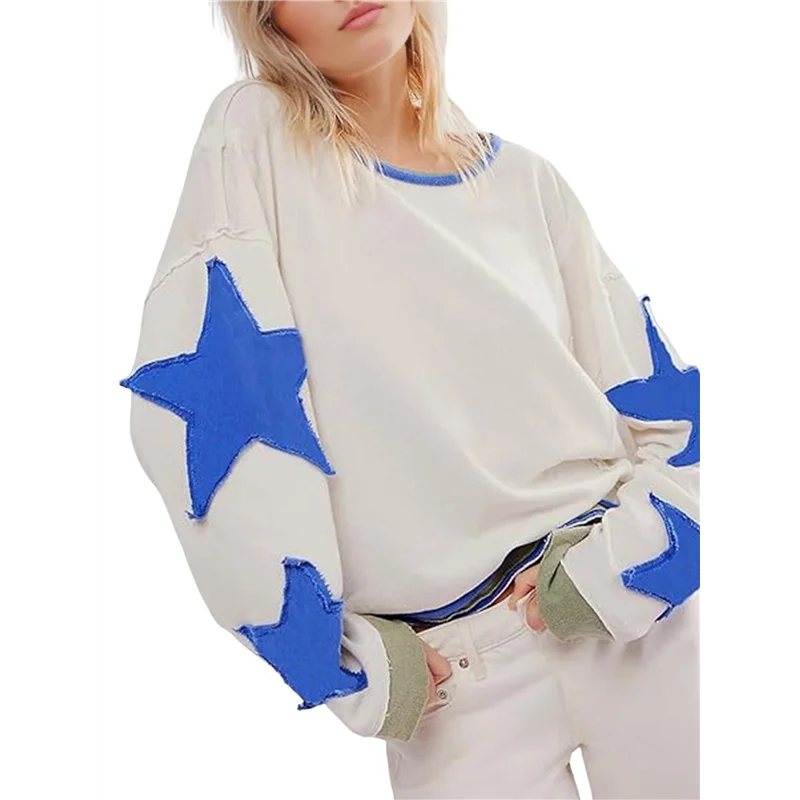 ASDS-Women Oversized Cotton Long Sleeve Shirts Tops Star Crewneck Pullover Y2K Fall Winter Grunge Clothes