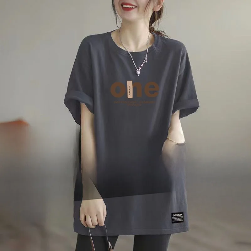 

plus Size Women's Fashionable Printed T-Shirt Short Sleeve Midi Base Loose Top Polyester Fiber Commute Style round Neck