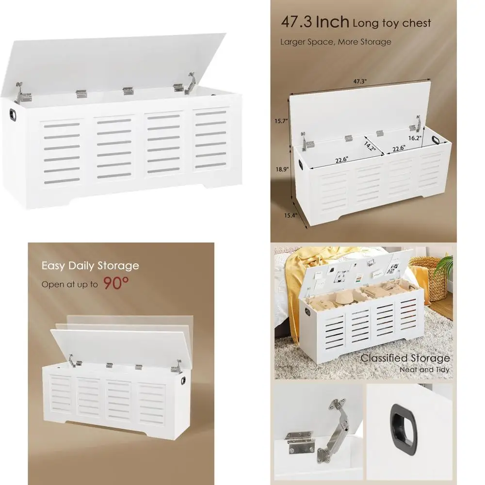 Large Wooden Storage Chest with Safety Hinges, Retro Shoe Storage Bench, Flip-Top, Living Room & Bedroom, Easy Assembly, White