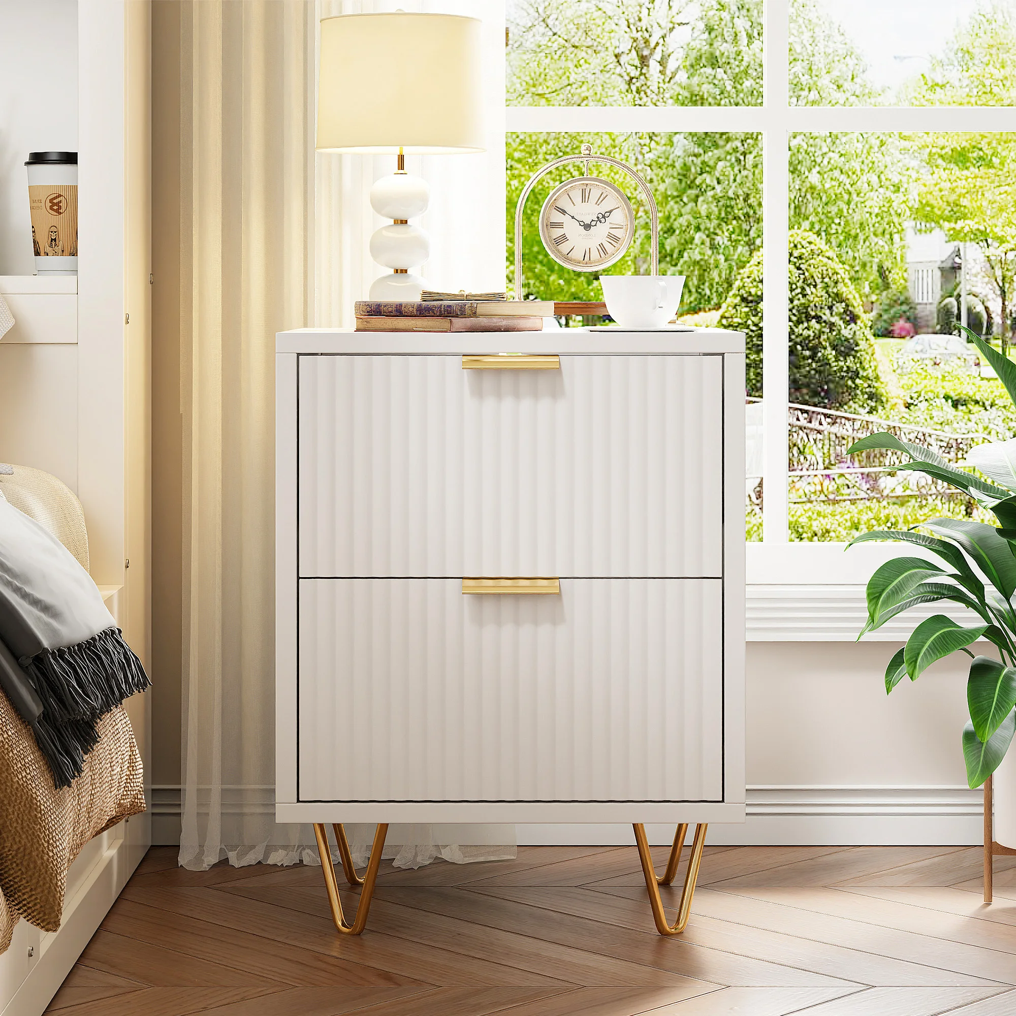 كومانلاي 2 قطعة طاولة بجانب السرير مع درجين، خزانة منضدة بأقدام معدنية، خزانة ذات أدراج لغرفة المعيشة، 49 × 29 × 47 سم #6