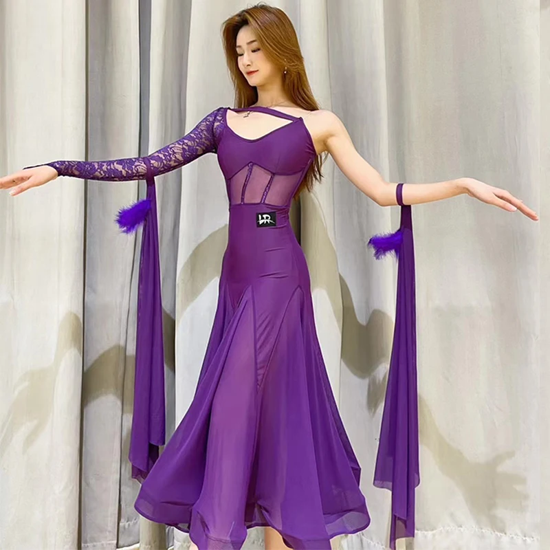 Red Purple Lace One-Sleeved Ballroom Dance Competition Dress Women Waltz Dance Costume Modern Dance Performance Clothes BL9858