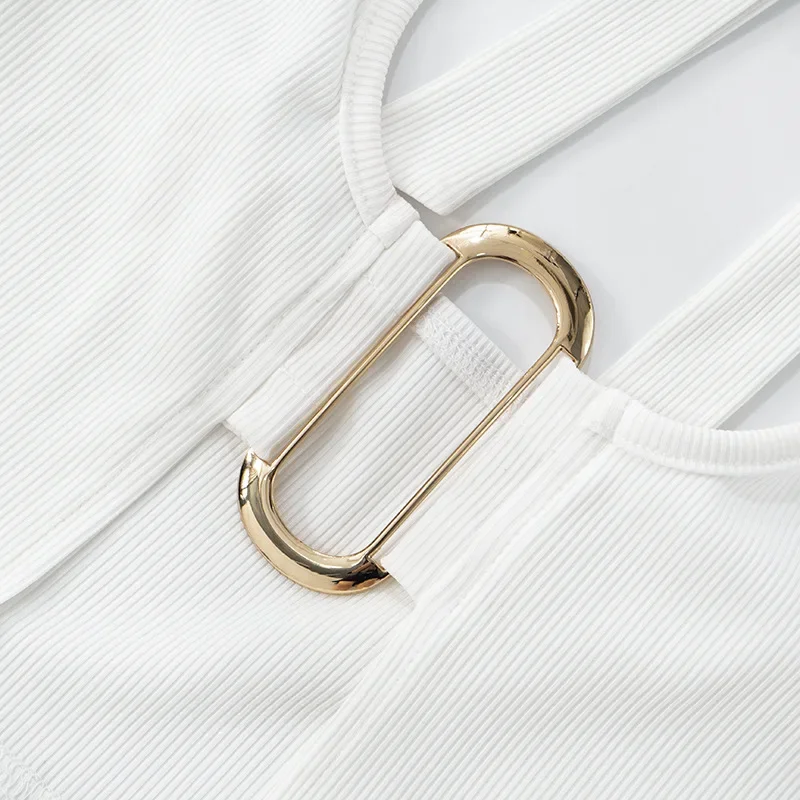 ผู้หญิงTracksuits Ribbed 2 ชิ้นชุดโลหะหัวเข็มขัดLace Up Halter Backless Tank Crop Tops + เอวสูงกางเกงCaprisผอม