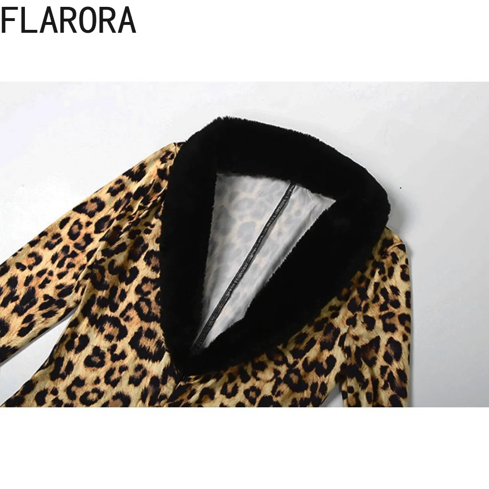 FLARORA Furry Leopard Printing Jumpsuits Woman Sexy Deep V Neck Full Sleeve Skinny High Waist Midnight Party Clubwear Overalls
