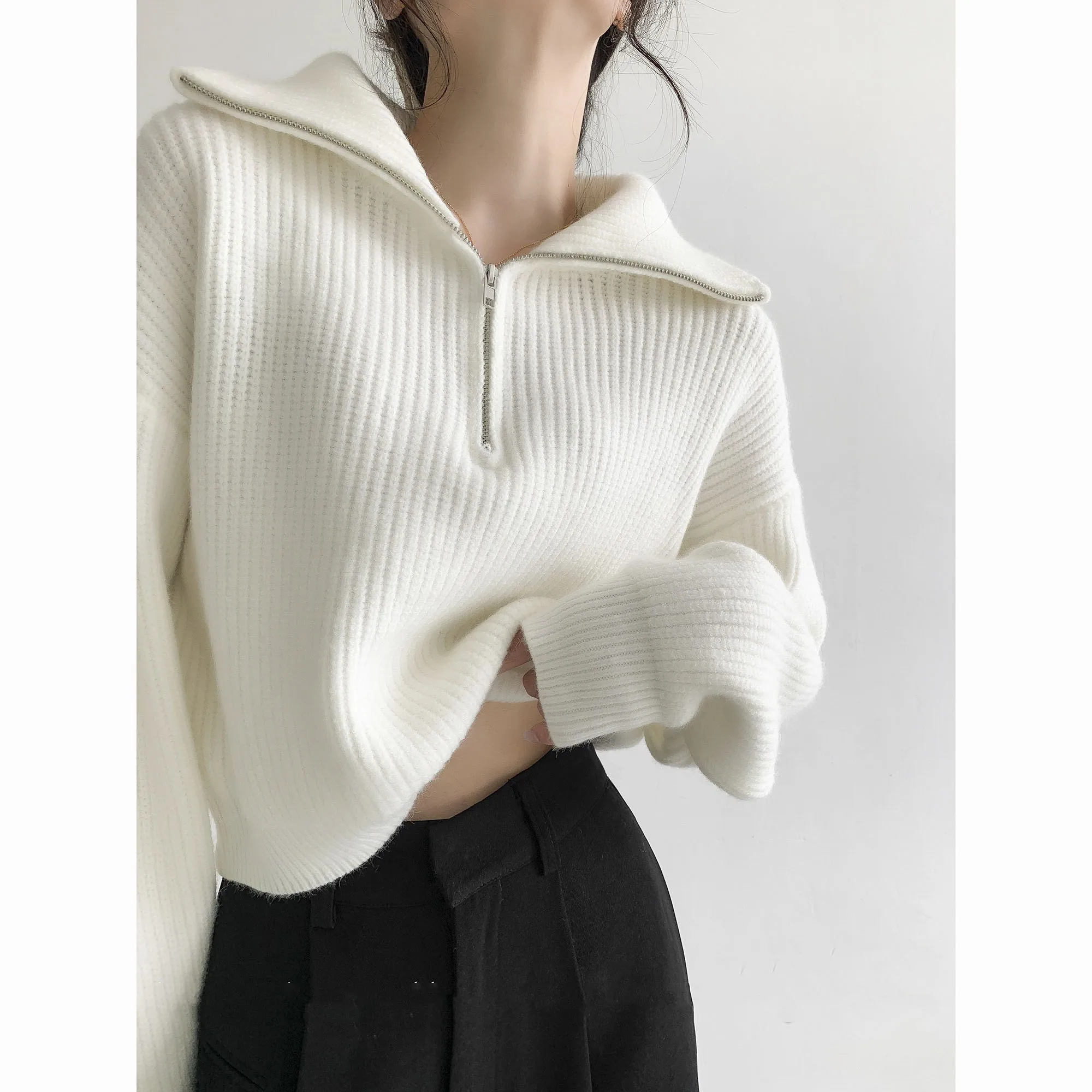 Fashion Thick Turtleneck Zipper Pullover Sweaters Women Loose Long Sleeve Female Solid Knitting Jumpers Autumn Winter