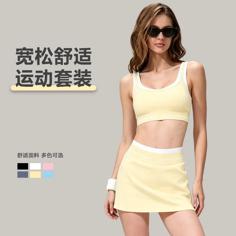 Breathable 2pcs Sweat Suit Breathable Sports Bra Crop Tops with High Waist Mini Skirts Yoga Tennis Running Golf Fitness Outfits