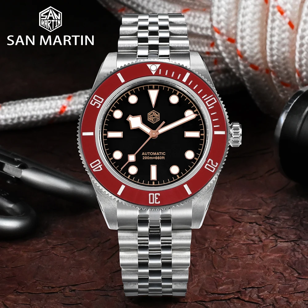 San Martin 40mm Diver Watch Men Classic NH35 Automatic Mechanical Watches Sapphire Wine Red Ceramic Bezel Waterproof Wristwatch