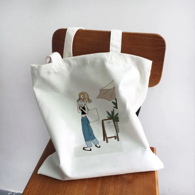 

Womens Cartoon Girl Canvas Tote Shoulder Bag Daily Life Study Shopping Casual Cute Fashion Illustration Student Trendy Handbag