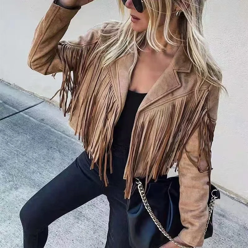 2024 neue Damen Vintage Revers Langarm Fransen kurz geschnittene Hippie Motor Biker Cardigan trägt Faux Wildleder Quaste Jacke