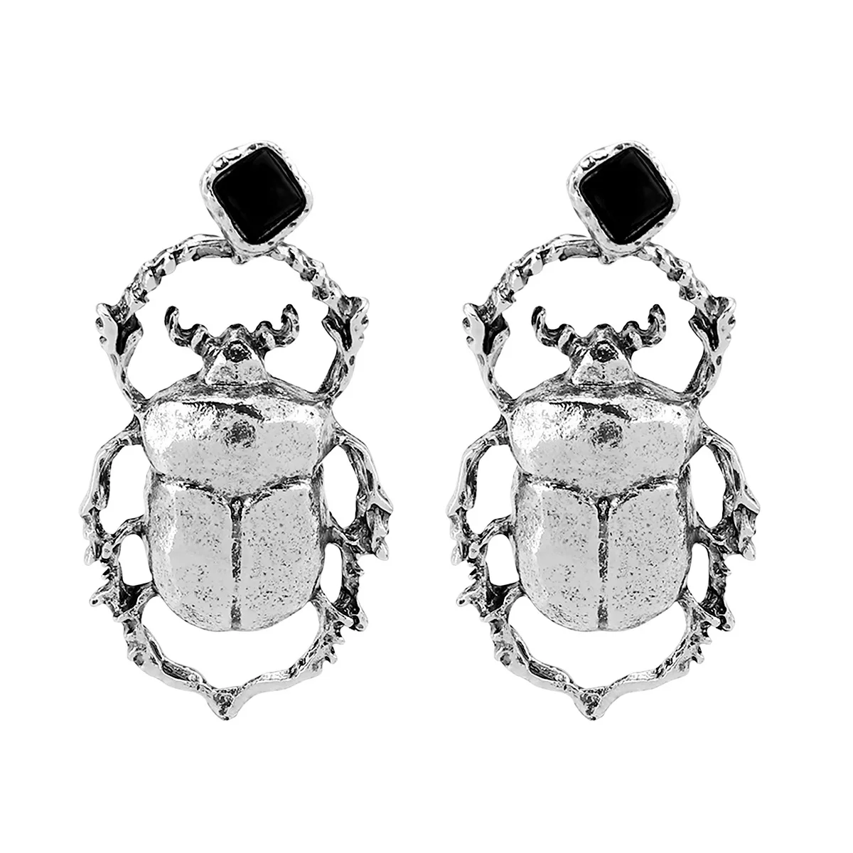 Vintage distressed beetle pendant earrings ZA exaggerated geometric diamond-inlaid alloy insect earrings