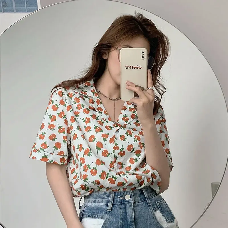 Women Clothing Vintage Printing Blouse Summer New Short Sleeve Loose All-match Floral Sweet Shirt Tops Fashion Casual Clothing