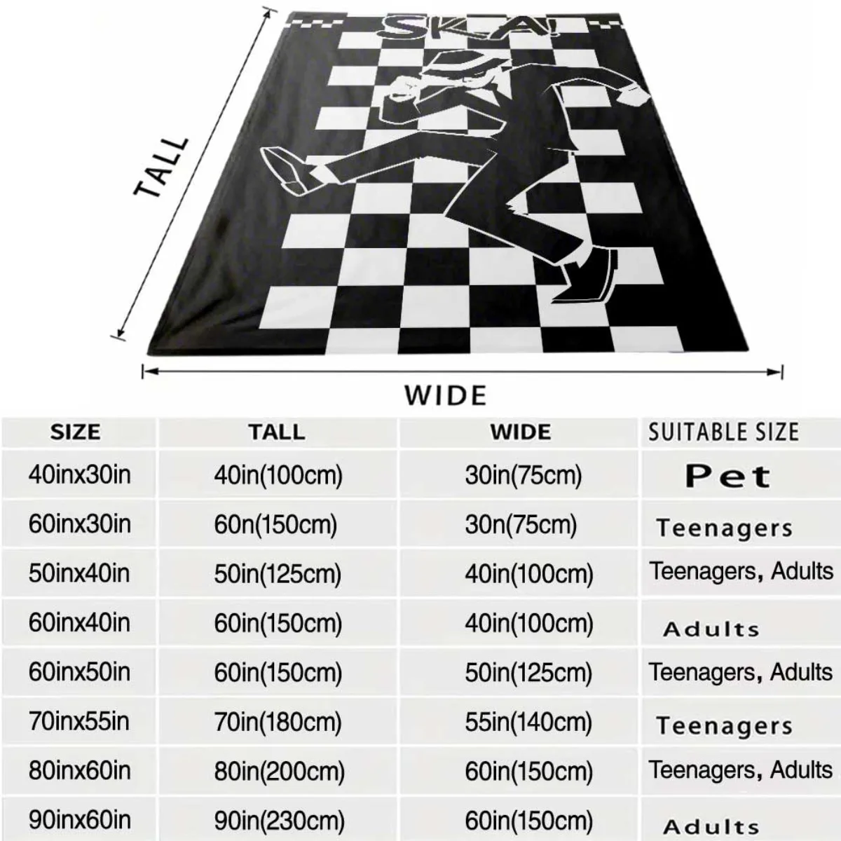 SKA Skateboarding Checkerboard Pattern Throw Blanket 150x200cm Oversized Cozy Gift for Boy Girl Summer Fall Winter