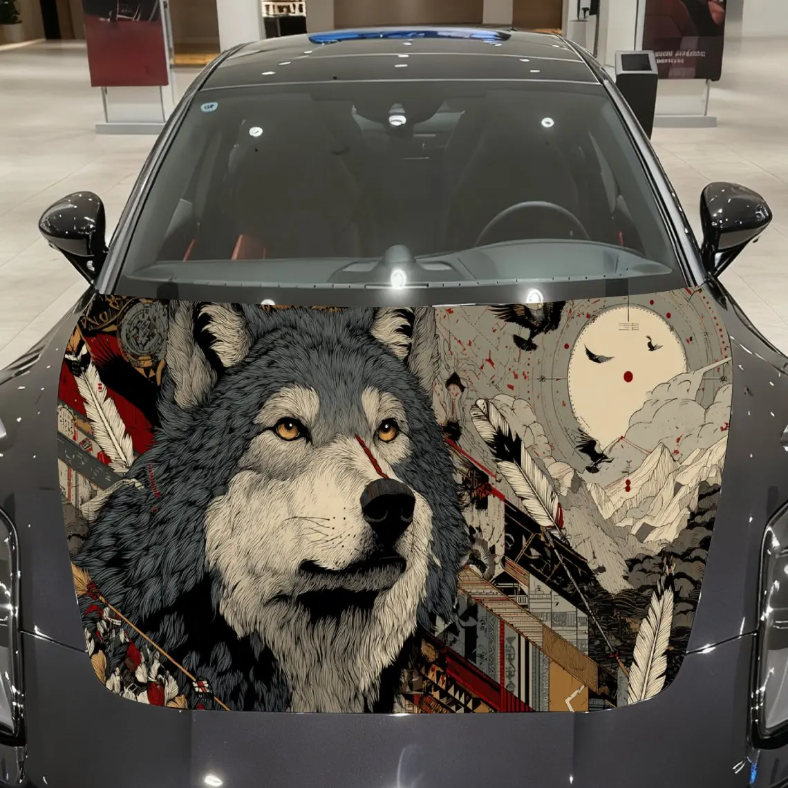 Native American Themed Wolf Auto Cover Sticker, Waterproof and Self-adhesive Auto Hood Decal, Auto Vinyl Wraps, Cool Car Exterio