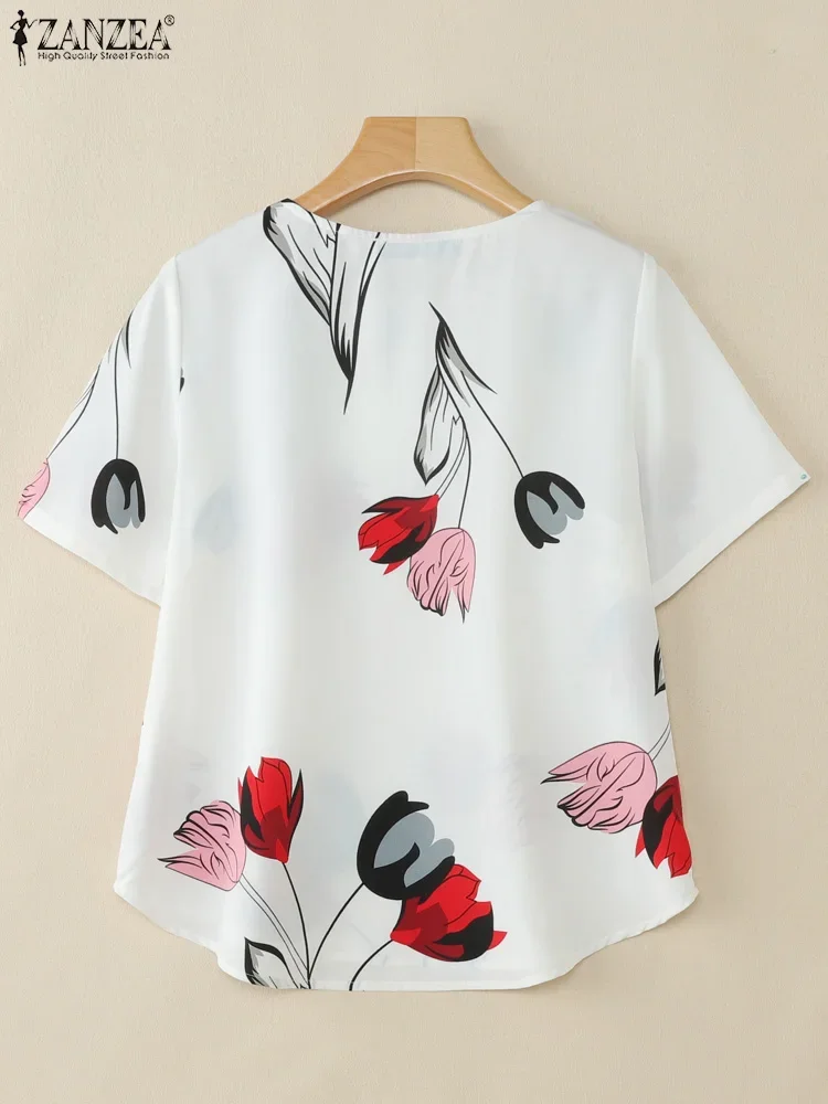 ZANZEA 2025 Blusas estampadas Vintage de verano para mujer, Tops de manga corta, Blusas informales con cuello redondo, Blusas de trabajo, Túnica Boheamin, camisas holgadas para vacaciones