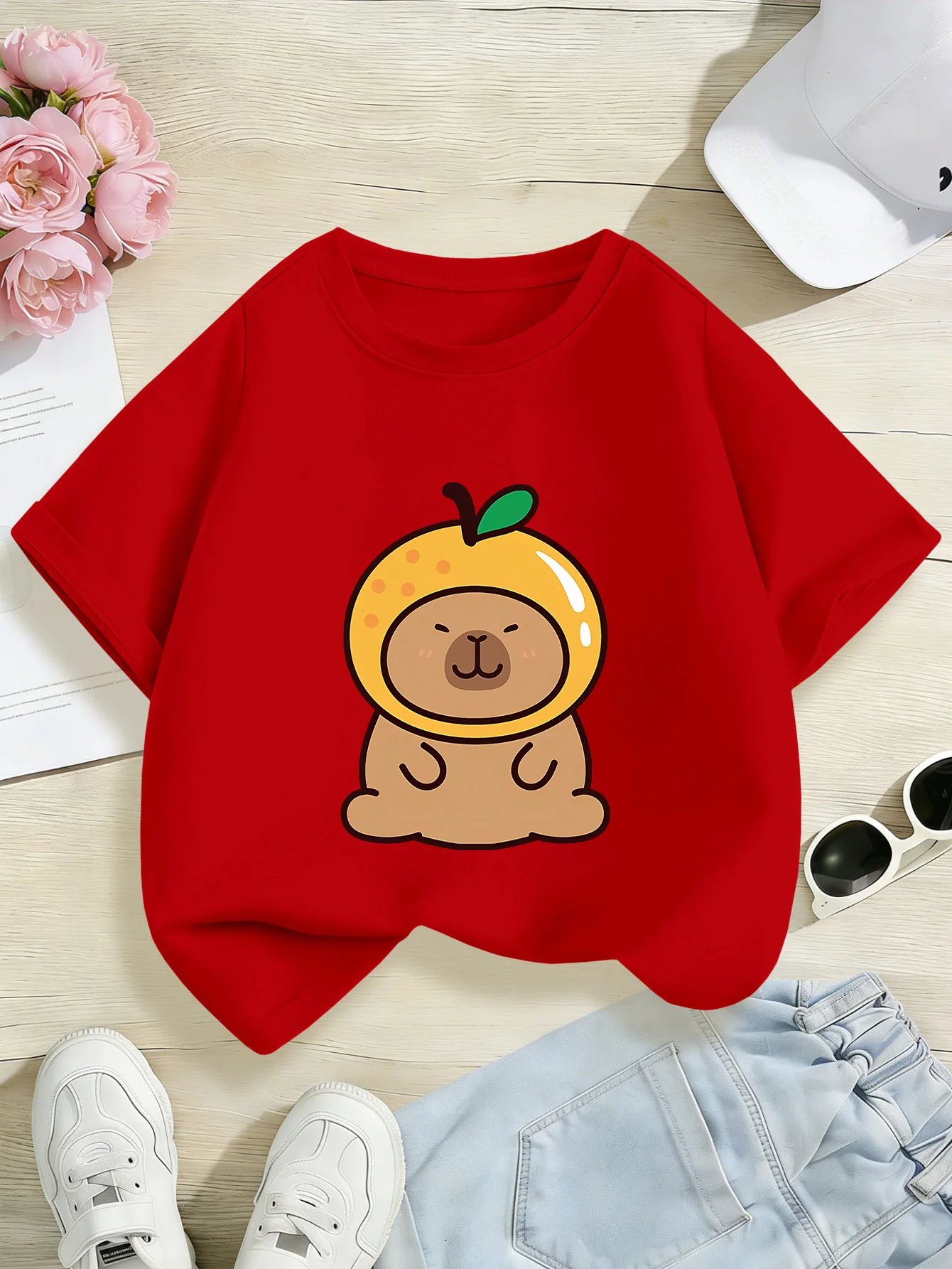 Cute Orange Hat Capybara Print Boys Girls Short Sleeve Tee Parent Match Soft Cotton Kids Lovely Warm Casual T Shirts
