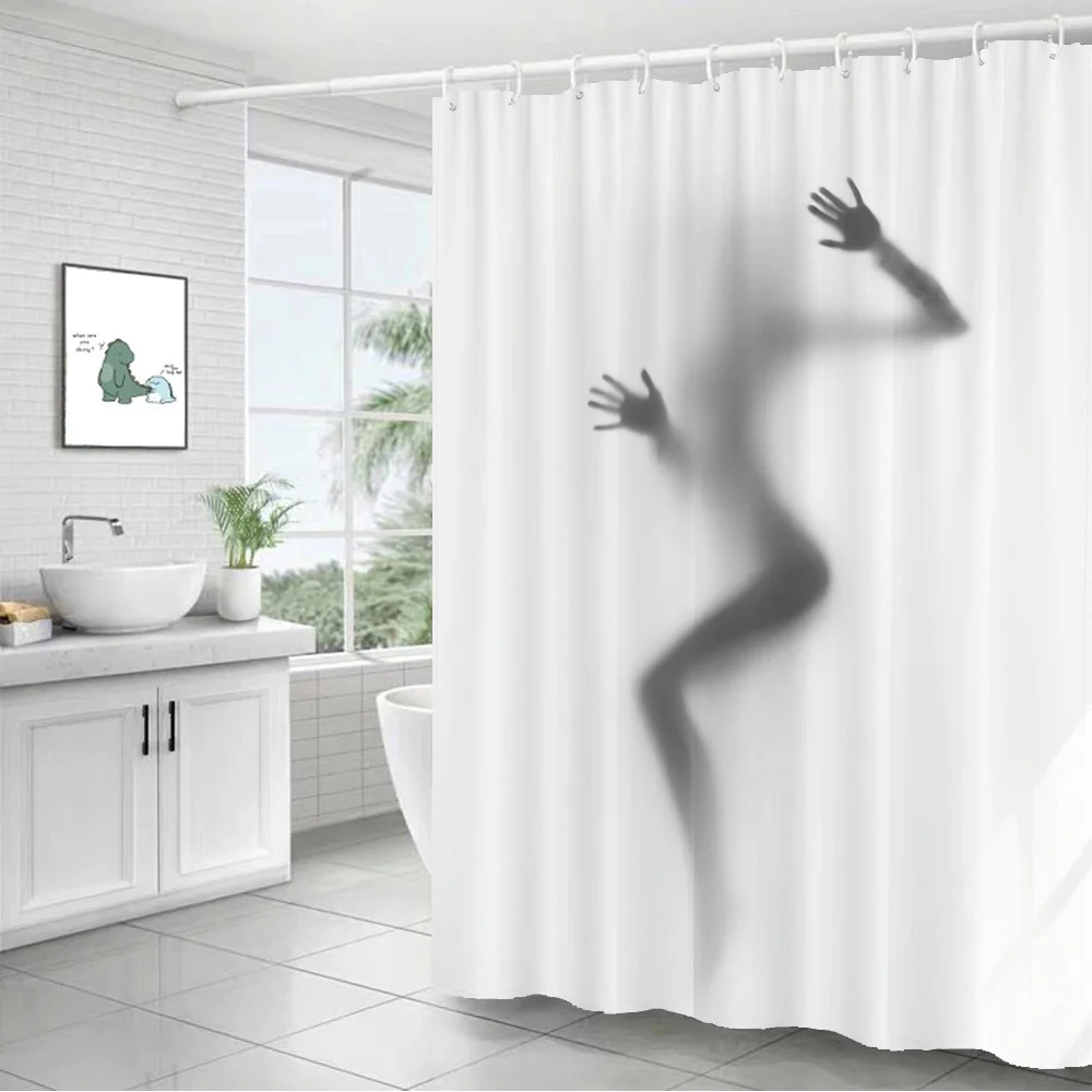 

Абстрактная шторка для душа с силуэтами, черно-белая, с изображением эфирных человеческих теней, в стиле сюрреалистического искусства, 12 крючков, 70.87×70.87 дюймов, полиэстер