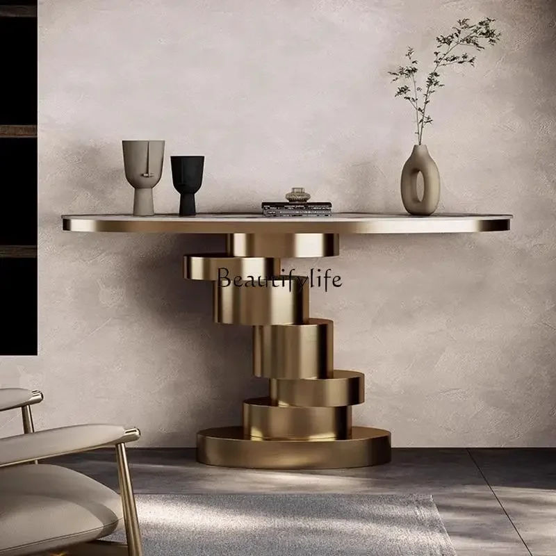 

02Hotel Villa Foyer Entrance Table Stainless Steel Slate Premium End View Platform