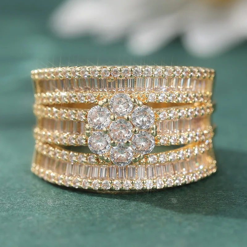 Eleganter, mit weißen CZ-Steinen besetzter Damenring, funkelnde goldfarbene Geometrie, für den täglichen Gebrauch, Partyschmuck, Jubiläumsgeschenk – Detail 1