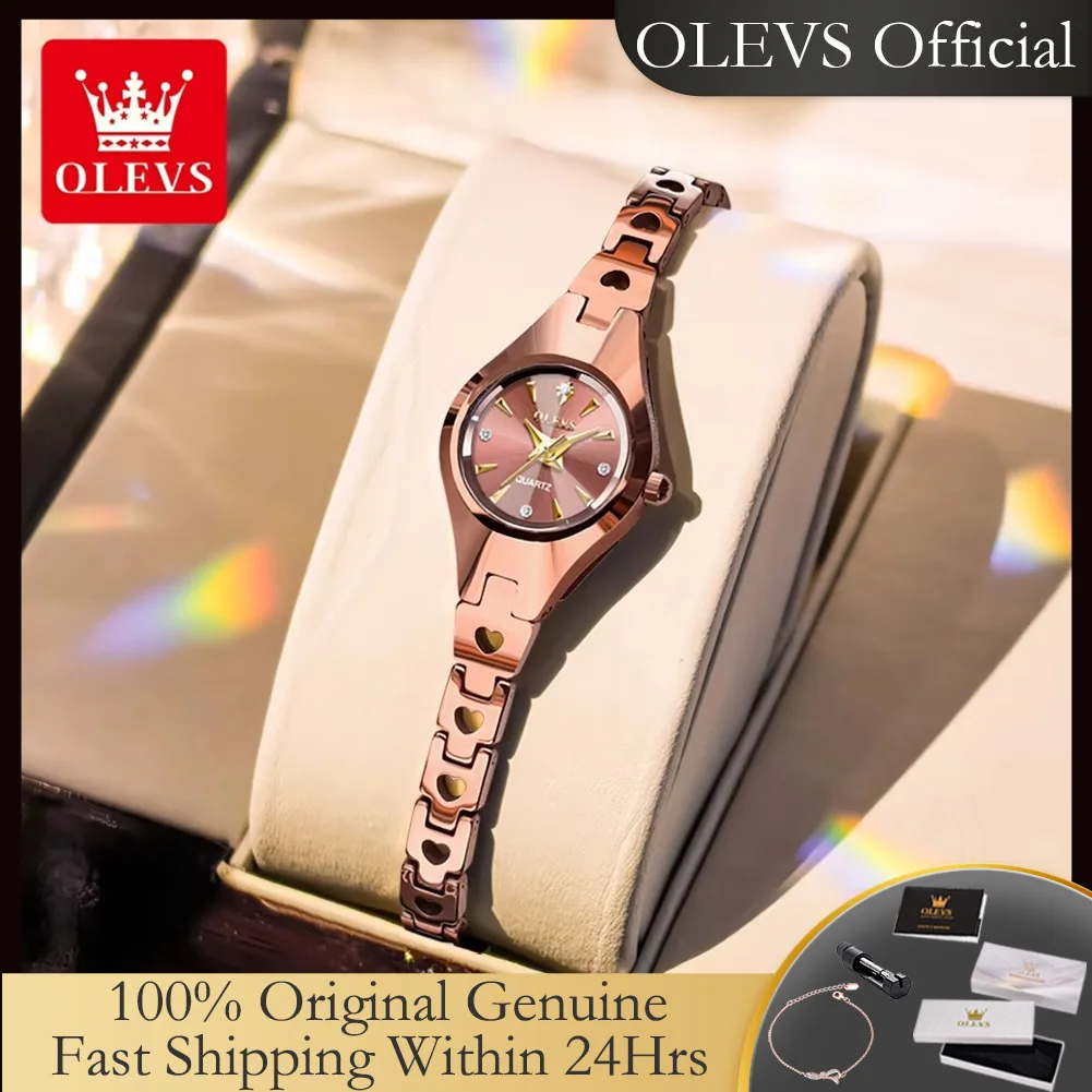 OLEVS 7082 Woman Watch Hollowed Love Heart Tungsten Steel Strap Original Quartz Watches for Women Elegant Rhombus Mirror Watches