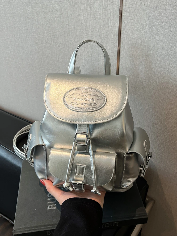 

Faionable Travel Women's Bapa Large Capaci College Student Silver Bookbag Handheld Bag Soft PU Leather Casual Sle