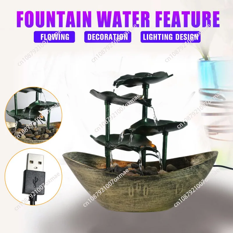 Tabletop Water Fountain with LED Lights 4 Layer Lotus Leaf Waterfall Fountain Indoor Office Waterfall Flowing Water Ornaments