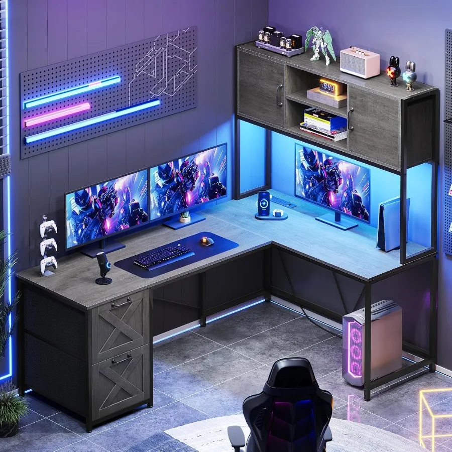 L Shaped Gaming Desk with Fabric Drawers and Power Outlet Grey Reversible Computer Desk with LED Lights and Hutch Storage Shelf