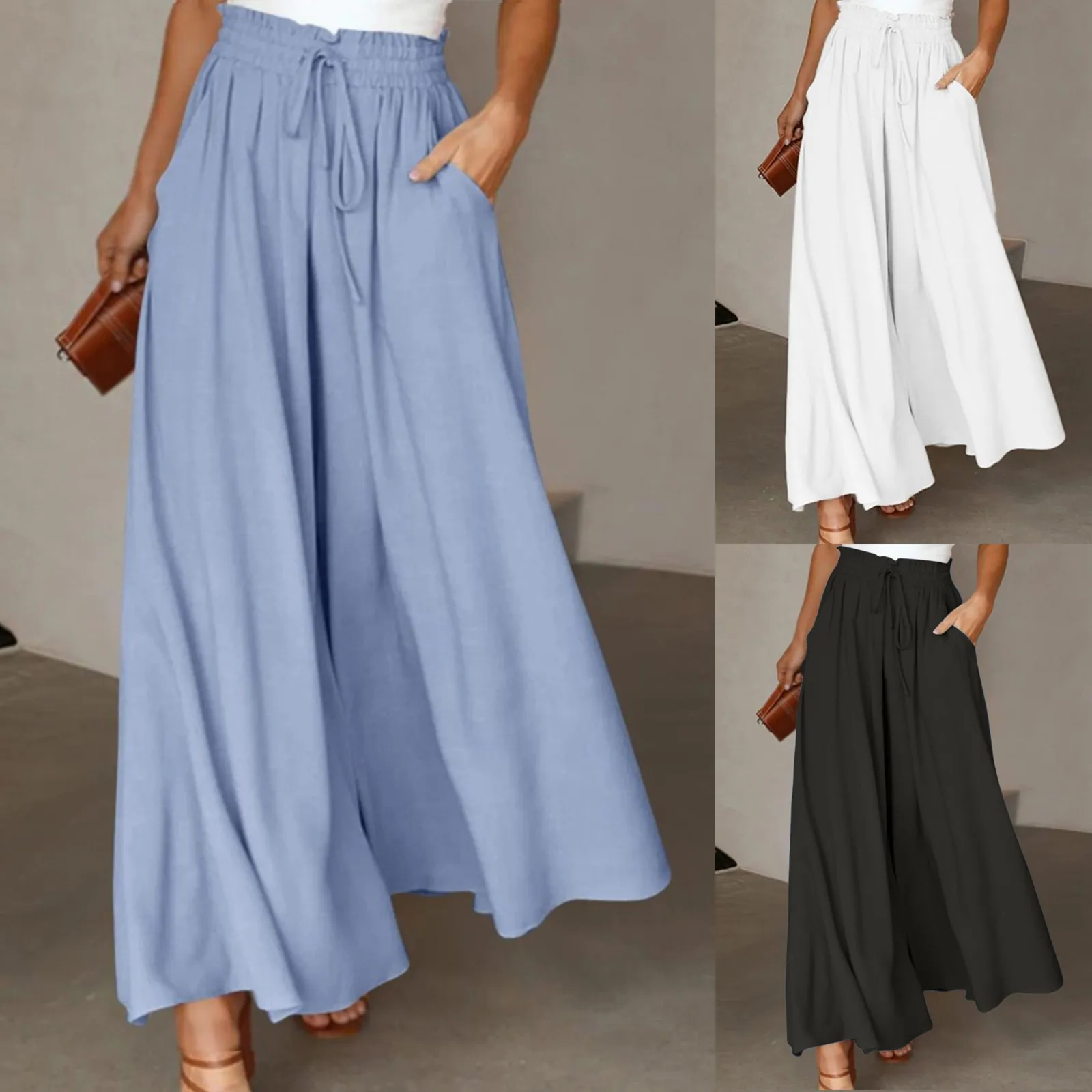 Summer Casual Women Wide Leg Pants Streetwear Fashion Vintage High Waisted Yoga Pants Boho Beach Solid Loose Trousers Clothing