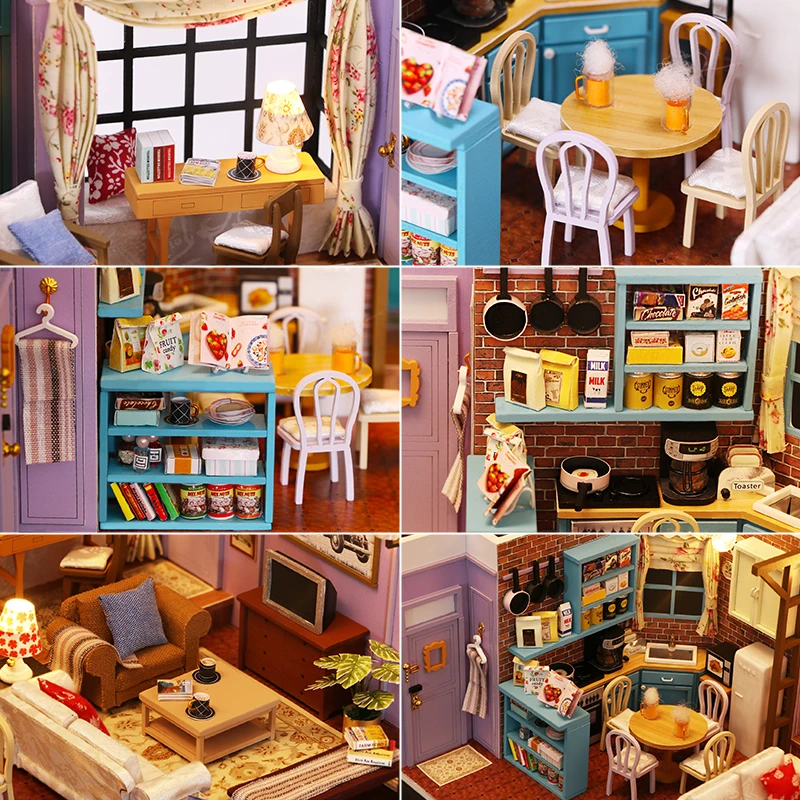 DIY Monica's Apartment Casa Wooden Doll Houses Miniature Building Kit Dollhouse With Furniture Assembly Toys for Friends Gifts