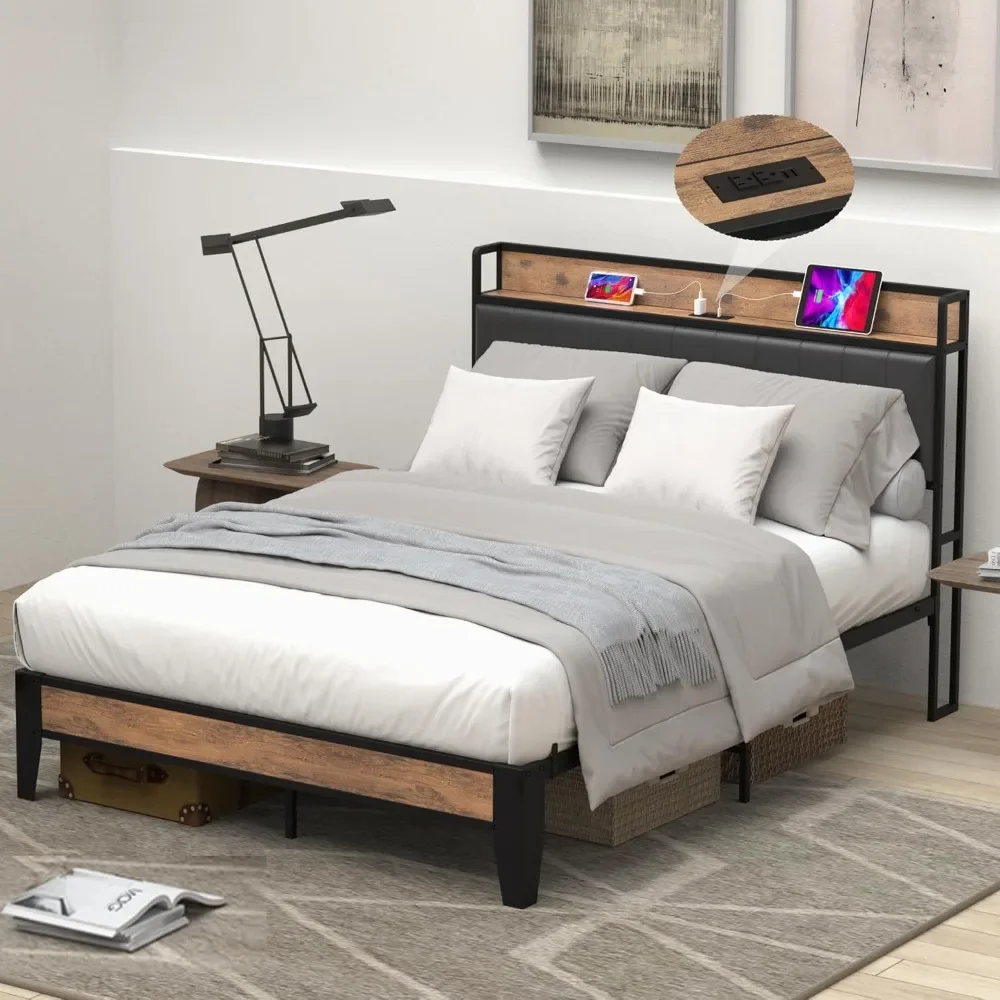 

Bed Frame with Storage Headboard, Built-in Charging Station, Easy Assembly, Noise Free, Non-Slip Design, Sturdy and Stable