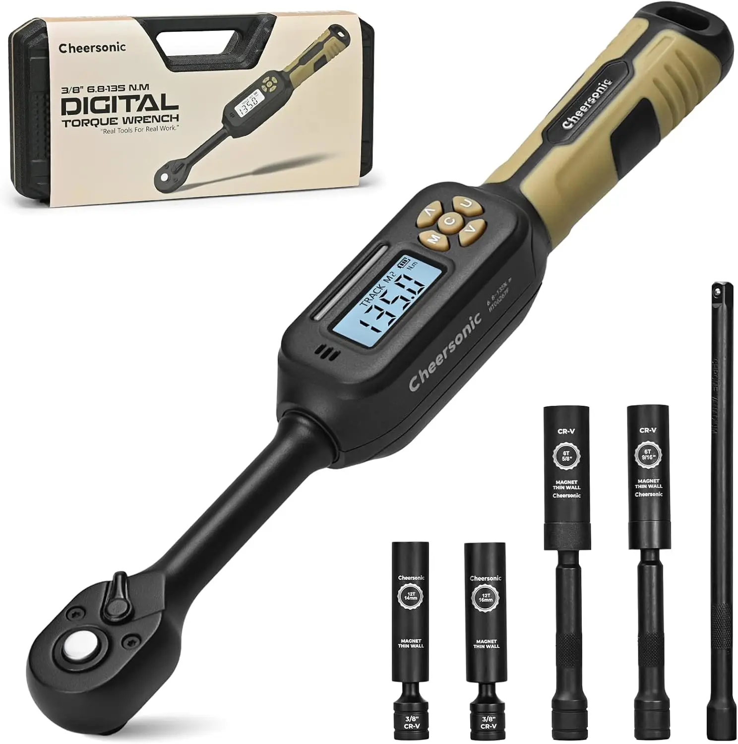 

Digital Torque Wrench 3/8 Drive, 5.0-99.6 ft.lb ±1% Accuracy with Buzzer LED and Spark Plug Sockets for Car Repair