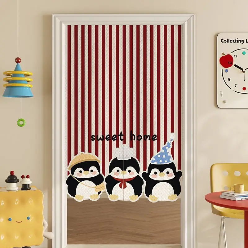 Striped Little Penguin Door Curtain, Warm Cartoon Fabric Door Curtain, No Punching Entrance, Bedroom Privacy Partition Curtain