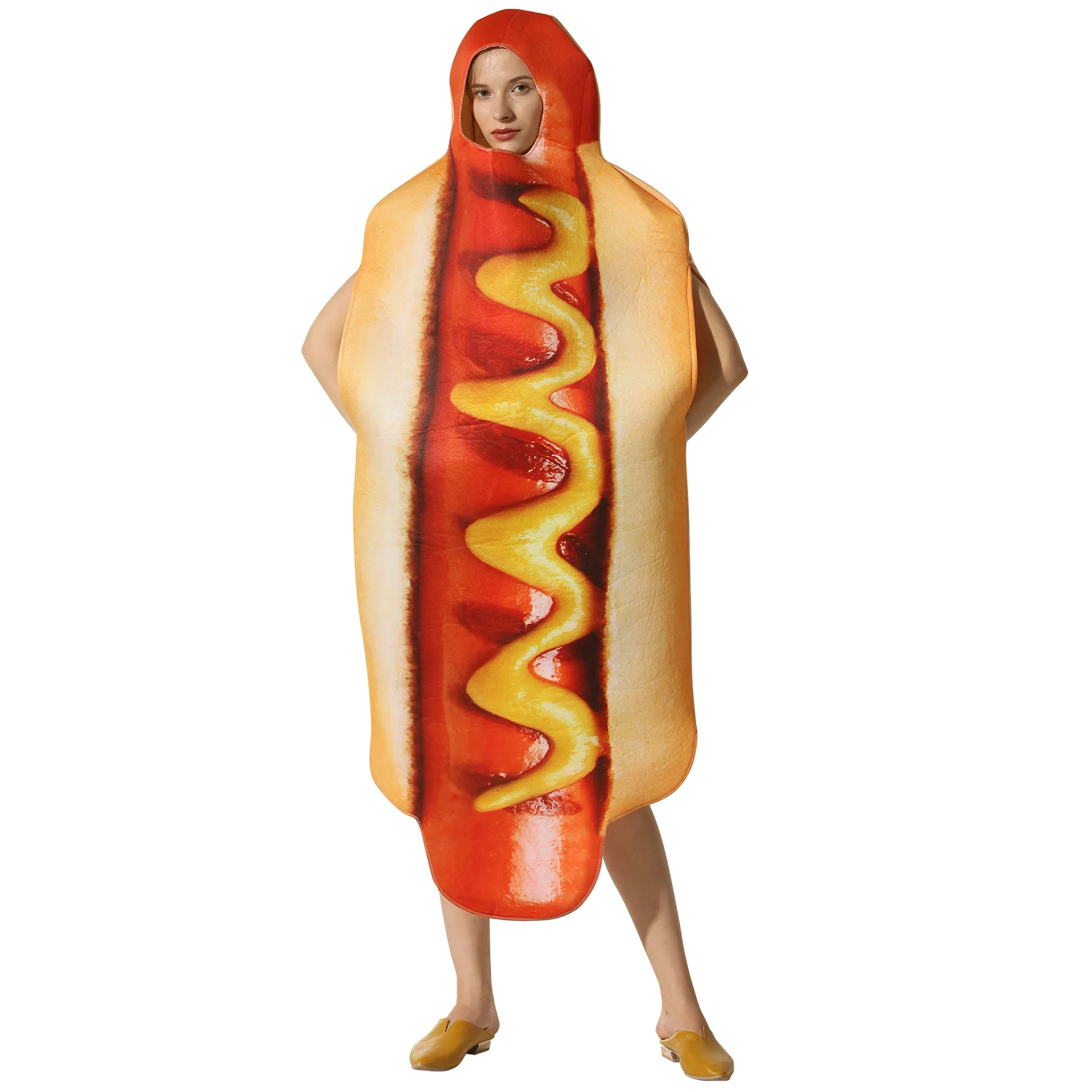 Traje de cachorro quente para homens e mulheres, vestido de festa Halloween, trajes cosplay, bodysuit, performance de palco, engraçado, unissex