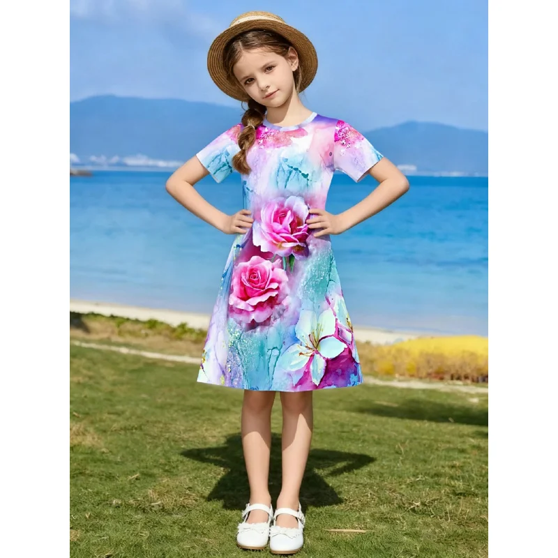 Girls Watercolor Rose Floral Print Short Sleeve Dress A-Line Skirt Summer Fresh Vacation Style Children's Clothing 2026