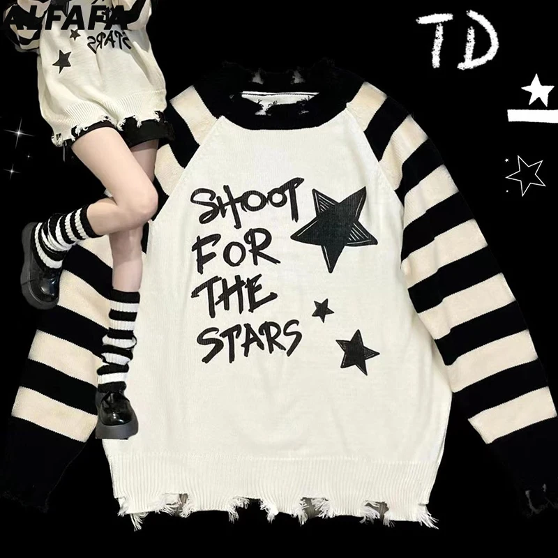 

Kawaii Sweater for Women Star Letter Striped Long Sleeve Women Pullover Y2k Dark Academia Clothes Girl Grunge Gothic Top Winter