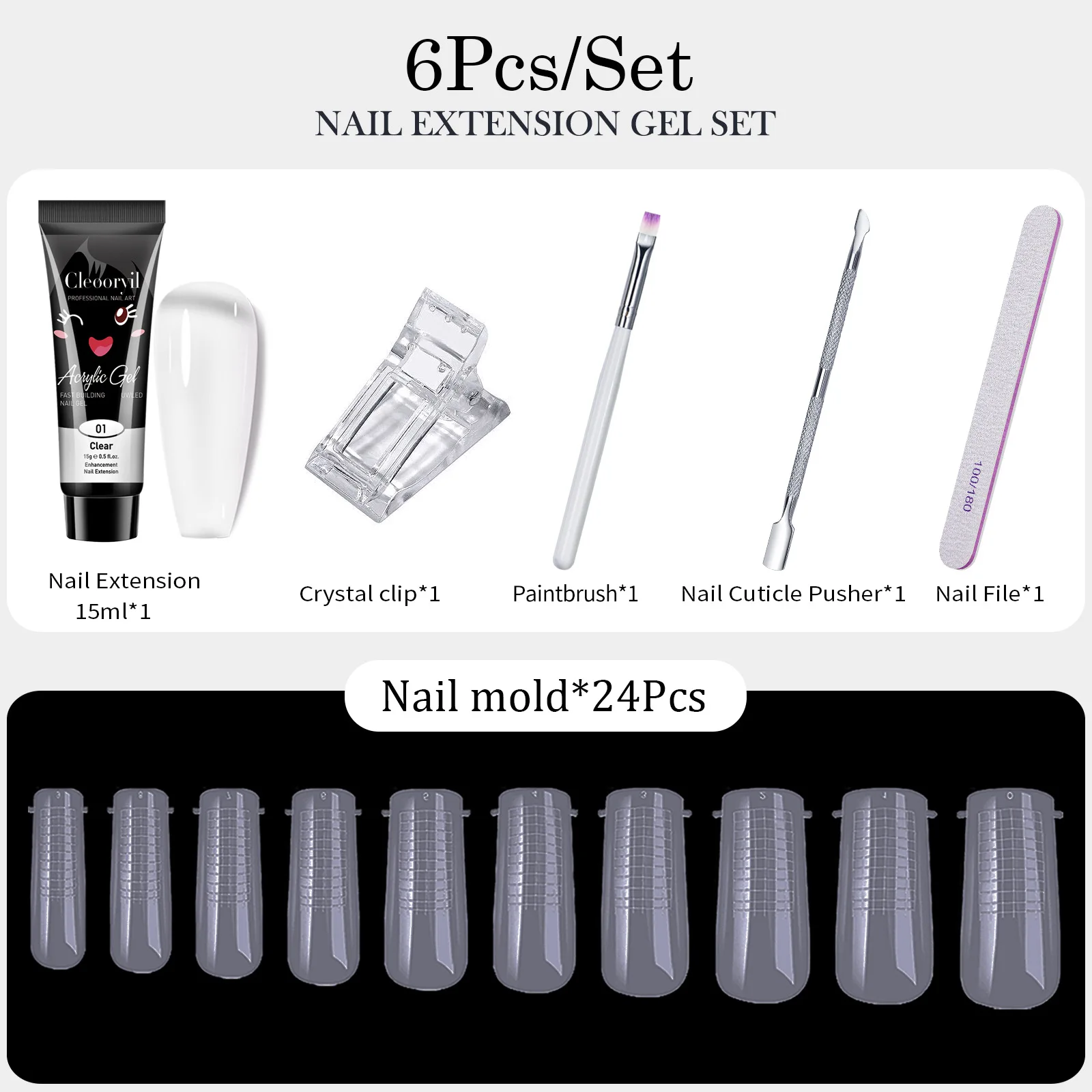 Cristal Nail Art Extensão Glue Set, Escova do molde do prego, 6 pcs