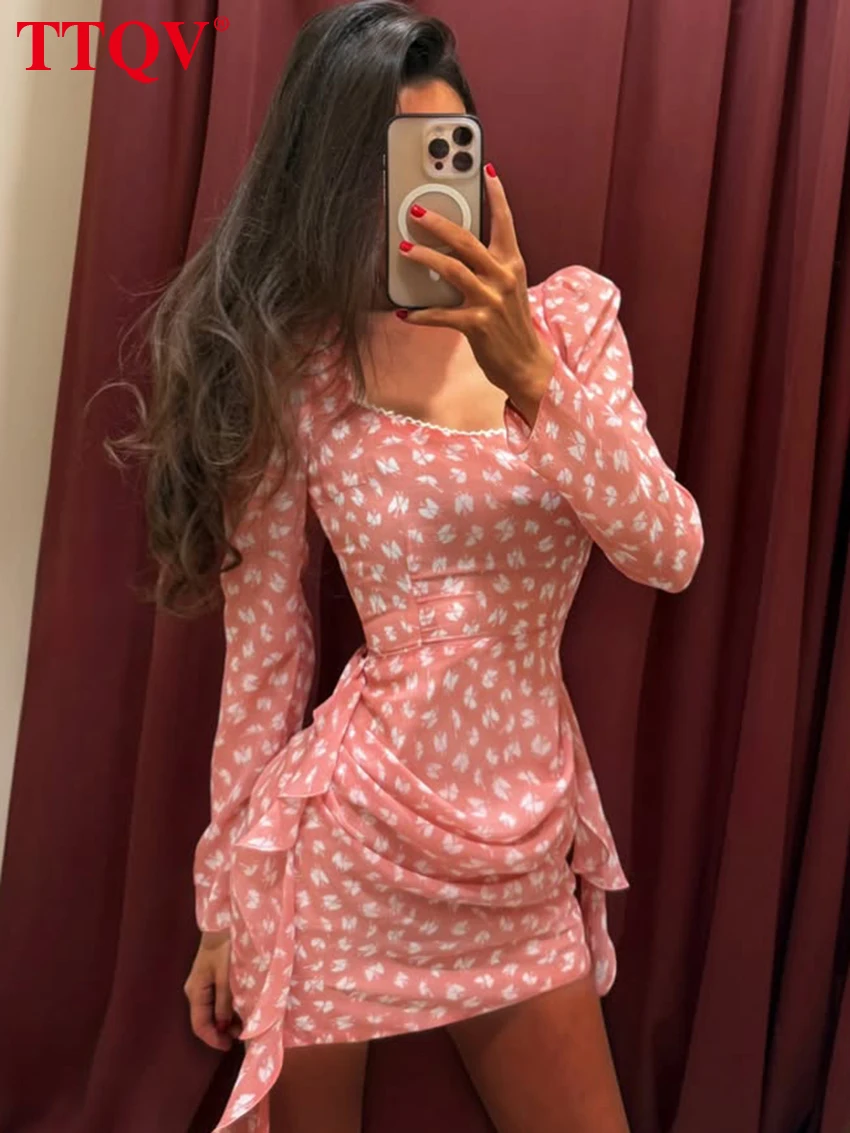 TTQV Fashion Slim Print Women's Dress 2026 Sexy Square Collar Long Sleeve Mini Dresses Elegant Classic Lace-Up Female Dress